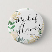 メイド・オブ・オーナー(花嫁付き添い人)ホワイトローズブーケのカスタムウェディング 缶バッジ (正面)