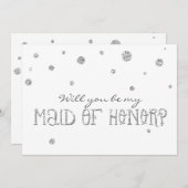 メイド・オブ・オーナー(花嫁付き添い人)ホワイト&シルバーグリッタードットカード 招待状 (正面/裏面)