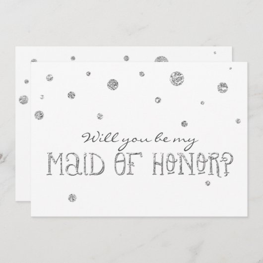 メイド・オブ・オーナー(花嫁付き添い人)ホワイト&シルバーグリッタードットカード 招待状 (正面/裏面)