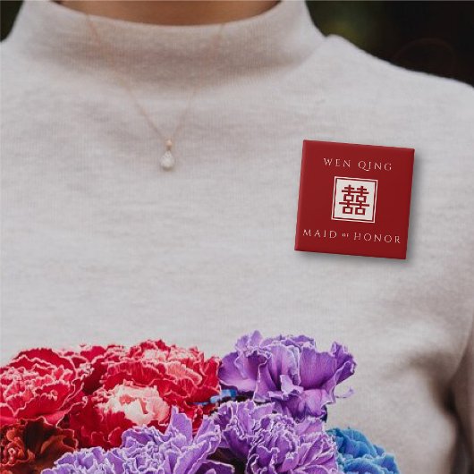 メイド・オブ・オーナー(花嫁付き添い人)レッドスクエアダブルハピネス結婚ズ 缶バッジ