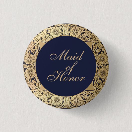 メイド・オブ・オーナー(花嫁付き添い人)ヴィンテージネイビーブルー金ゴールドバラ 缶バッジ (正面)