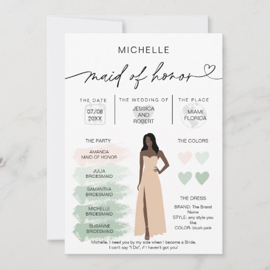 メイド・オブ・オーナー（花嫁付き添い人）情報セージのカラーパレットインフォグラフィック 招待状 (正面)