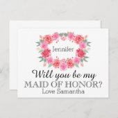 メイド・オブ・オーナー（花嫁付き添い人）水色フローラリース インビテーションポストカード (正面/裏面)