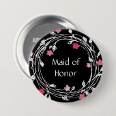 メイド・オブ・オーナー（花嫁付き添い人）白黒ピンクフローラリース 缶バッジ (正面&裏面)