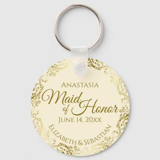 メイド・オブ・オーナー（花嫁付き添い人）結婚のギフト金ゴールドフリルオンクリーム キーホルダー (正面)