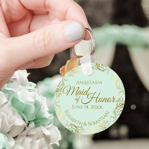 メイド・オブ・オーナー（花嫁付き添い人）結婚のギフト金ゴールドフリルミントグリーン キーホルダー