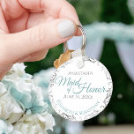メイド・オブ・オーナー（花嫁付き添い人）結婚ズギフトティール（緑がかった色）&グレイレースのよう キーホルダー<br><div class="desc">これらのキーホルダーは与え、あなたの結婚式のパーティーのメイド・オブ・オーナー（花嫁付き添い人）に好意として設計されている。ティール（緑がかった色）&グレーエレガントなウェディングスイートとコーディネートするように設計され、白い背景とティール（緑がかった色）またはターコイズとグレーの文字と銀の箔のフローラを備えたシンプルデザインを含むエレガント&グレーのエレガントなウェディングスイートを備えフェイクて縁ど。特別な日感謝していに参加するための完璧なメイド・オブ・オーナー（花嫁付き添い人）への道！</div>