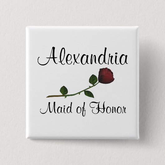 "メイド・オブ・オーナー（花嫁付き添い人）" – 赤ロング茎付きバラ[a2] 缶バッジ (正面)