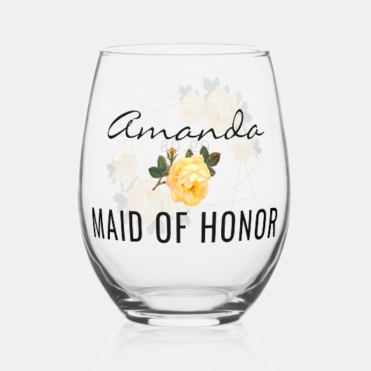 メイド・オブ・オーナー（花嫁付き添い人）金ゴールドグリッタージオオレンジ結婚フローラ ステムなしワイングラス (正面)