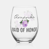 メイド・オブ・オーナー（花嫁付き添い人）金ゴールドグリッタージオパープル結婚フローラ ステムなしワイングラス (正面)