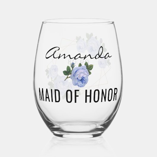 メイド・オブ・オーナー(花嫁付き添い人)金ゴールドグリッタージオブルー結婚フローラ ステムなしワイングラス (正面)