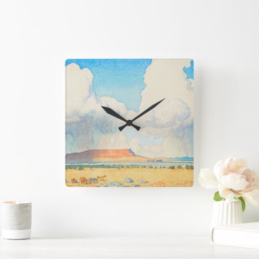 メイナード・ディクソンによるメサへの雨 スクエア壁時計 (ホーム)