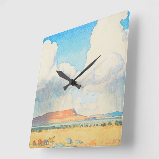 メイナード・ディクソンによるメサへの雨 スクエア壁時計 (傾斜)