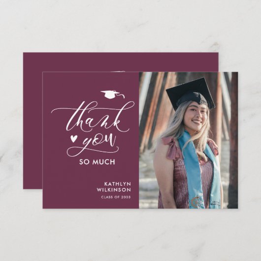 メイブパープルエレガントスクリプトの最小卒業式 サンキューカード (正面/裏面)