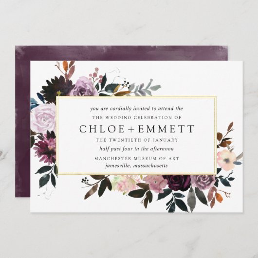 メイブピンクとパープルプラムのフローラ結婚ズ 招待状 (正面/裏面)