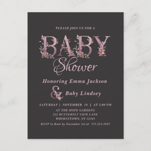 メイブピンクエレガントフローラシック女の子のベビーシャワー インビテーションポストカード (正面)
