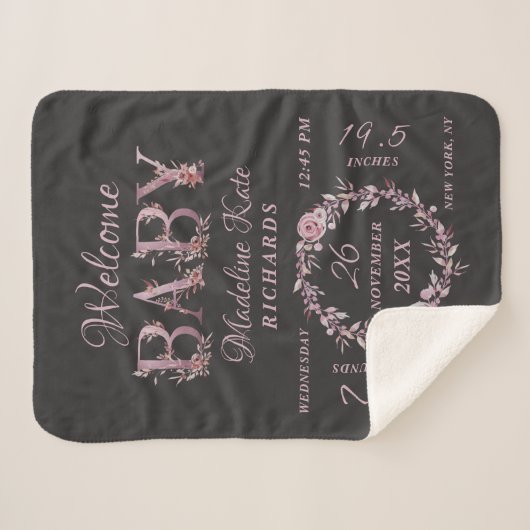 メイブピンクエレガントフローラベビーガール誕生統計 シェルパブランケット (正面(横))