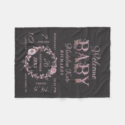 メイブピンクエレガントフローラベビーガール誕生統計 フリースブランケット (正面(横))