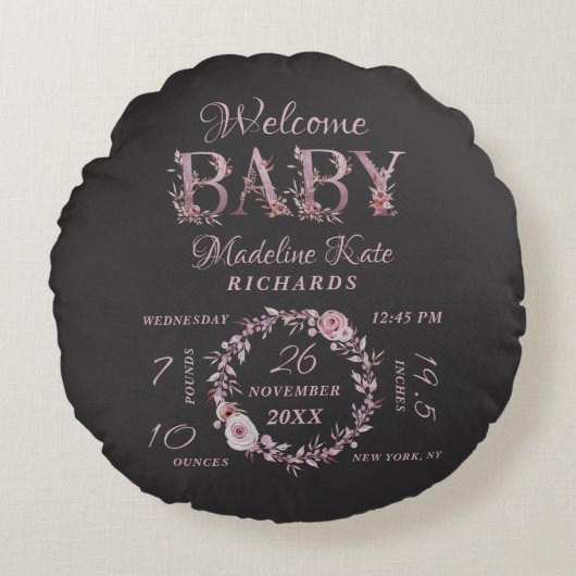 メイブピンクエレガントフローラベビーガール誕生統計 ラウンドクッション (正面)