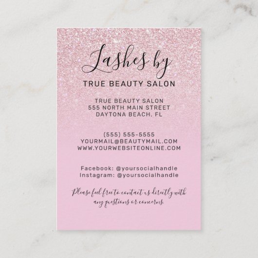 メイブピンクグリッターラッシュエクステンションアフターケアアイコン 名刺 (裏面)