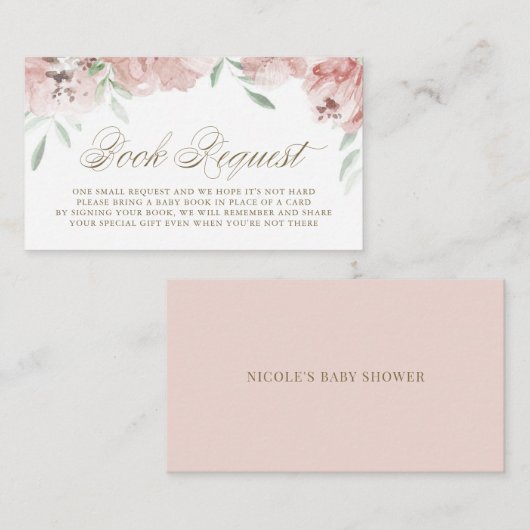 メイブピンクフローラ赤ちゃんシャワーブックリクエストカード プレイスカード (正面/裏面)