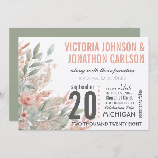 メイモダンン・ジャー・コーラルとミント・フローラズ結婚 招待状 (正面/裏面)
