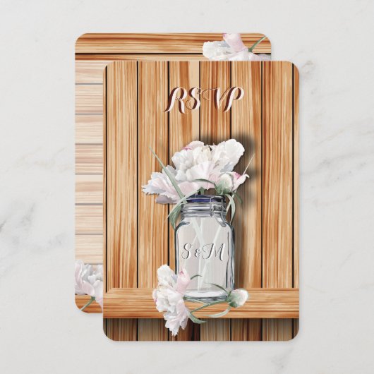 メイモノグラムのン素朴の瓶とピンクの牡丹 出欠カード (正面/裏面)