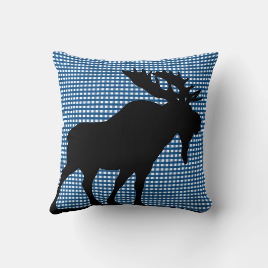 メインのアメリカヘラジカの枕が付いている青いギンガム クッション (裏面)