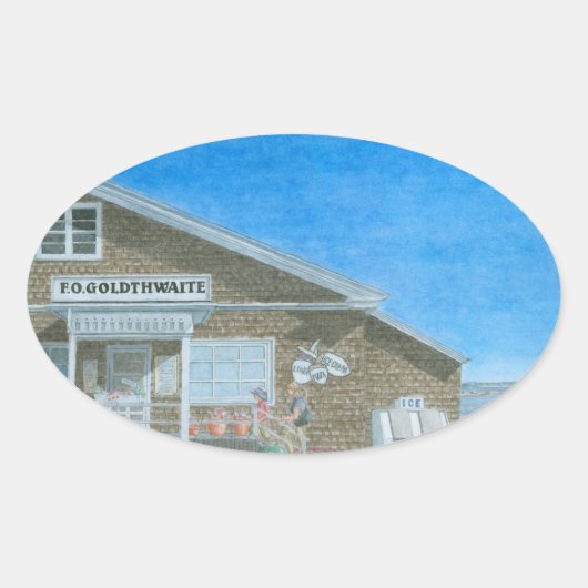 メインの雑貨店の水彩画 楕円形シール (正面)