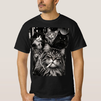 メインクーンの仲間 黒と白のグランジ猫アート Tシャツ