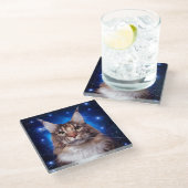 メインクーンの猫 青い背景の星 ガラスコースター (アングル)