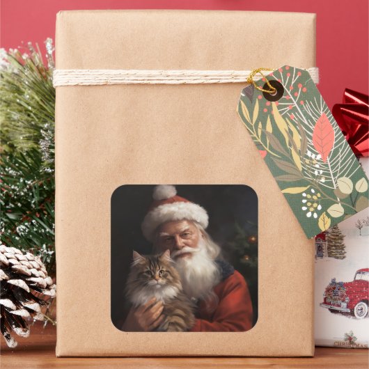 メインクーンウィズサンタクロースフェスティバルクリスマス スクエアシール (クリスマス)