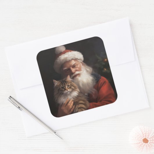 メインクーンウィズサンタクロースフェスティバルクリスマス スクエアシール (封筒)