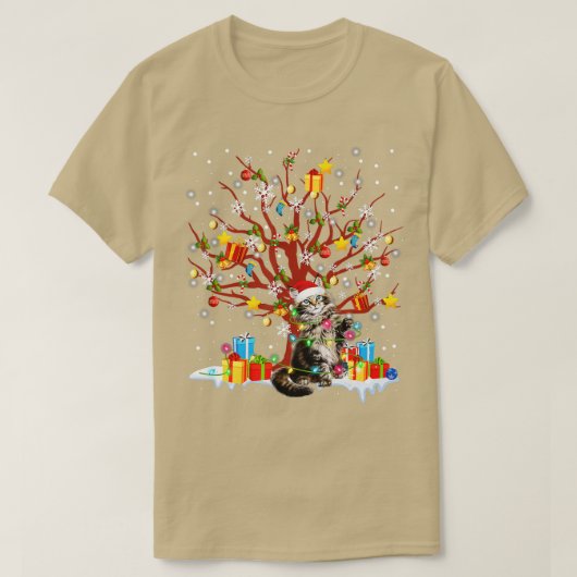 メインクーンキャットクリスマスツリーライトオーナメントデコ Tシャツ (デザイン正面)