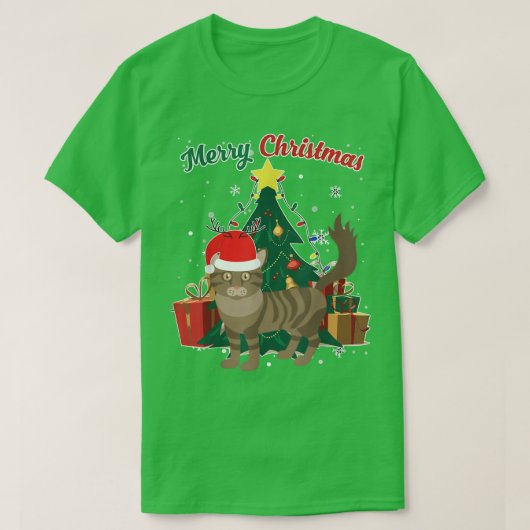 メインクーンキャットクリスマスツリー雪フレーククリスマスプレ Tシャツ (デザイン正面)