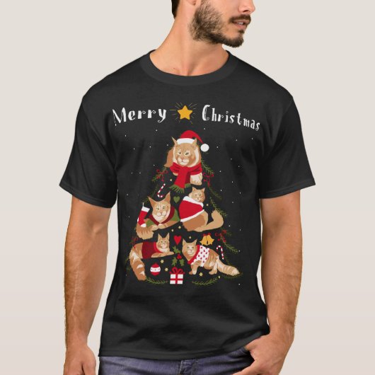 メインクーンクリスマスツリークリスマス猫好き Tシャツ (正面)