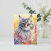 メインクーン猫のカラフルな水彩画 ポストカード (スタンド正面)