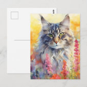 メインクーン猫のカラフルな水彩画 ポストカード (正面/裏面)