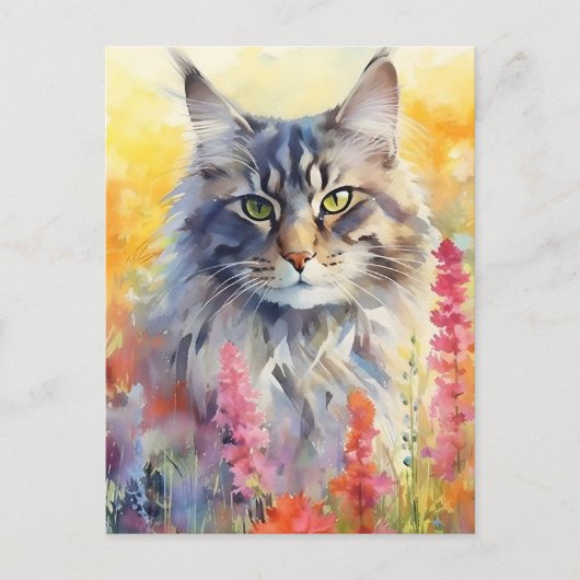 メインクーン猫のカラフルな水彩画 ポストカード (正面)