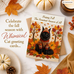 メインクーン かわいい 猫 紅葉 秋 家族 カード