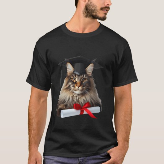 メインクーン 猫の卒業式 帽子 卒業生 Tシャツ (正面)