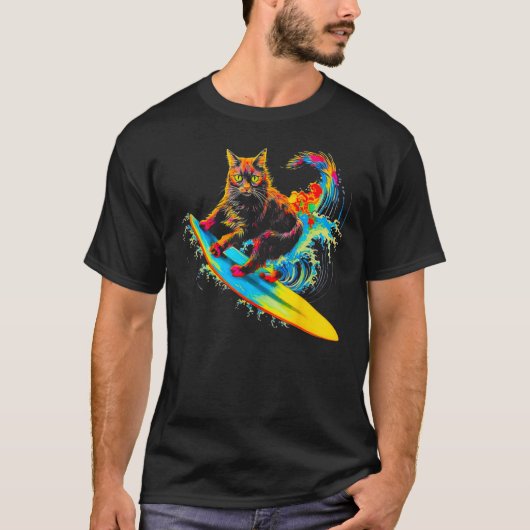 メインクーン 猫 サーフィン Tシャツ (正面)