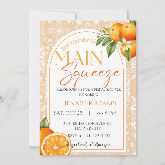 メインスクイズシトラスオレンジサマーブライダルシャワー 招待状 (正面)