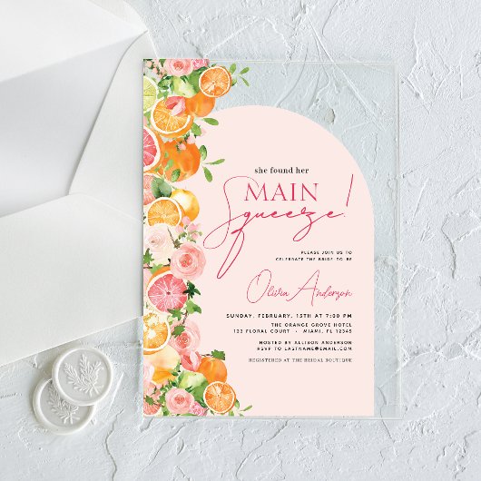 メインスクイズシトラスブライダルシャワーオレンジ アクリル招待状