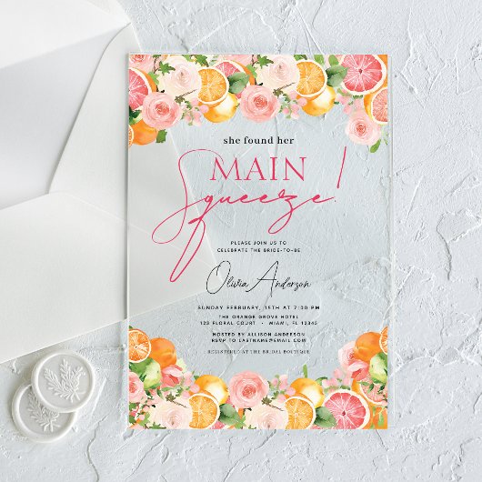 メインスクイズシトラスブライダルシャワーオレンジ アクリル招待状