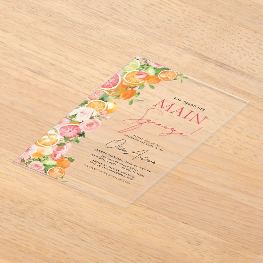 メインスクイズシトラスブライダルシャワーオレンジ アクリル招待状 (レイダウン)