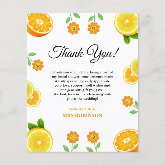 メインスクイズシトラスブライダルシャワーサンキューカード (正面)