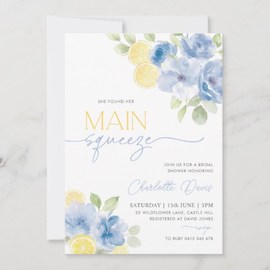 メインスクイズシトラスレモンブルーブライダルシャワー 招待状 (正面)