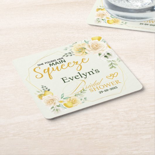 メインスクイズレモエレガントンフローラブライダルシャワー スクエアペーパーコースター (アングル)