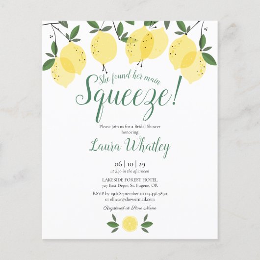 メインスクイズレモンブライダルシャワーバジェット招待状 (正面)